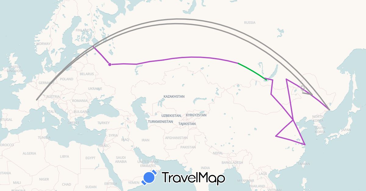 TravelMap itinerary: bus, plane, train in Switzerland, China, Mongolia, Russia (Asia, Europe)